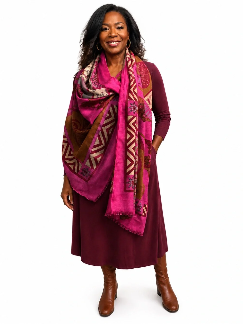 Geometric Boho Scarf Wrap Shawl with Fringe Brown Cream Pink Blue 72” x 36”